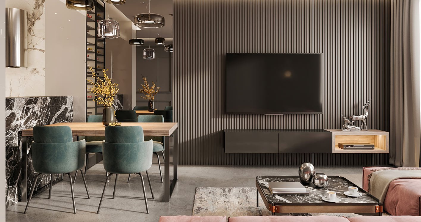 Ein modernes Wohnzimmer mit eine Wand verkleidet mit Akustikpaneelen